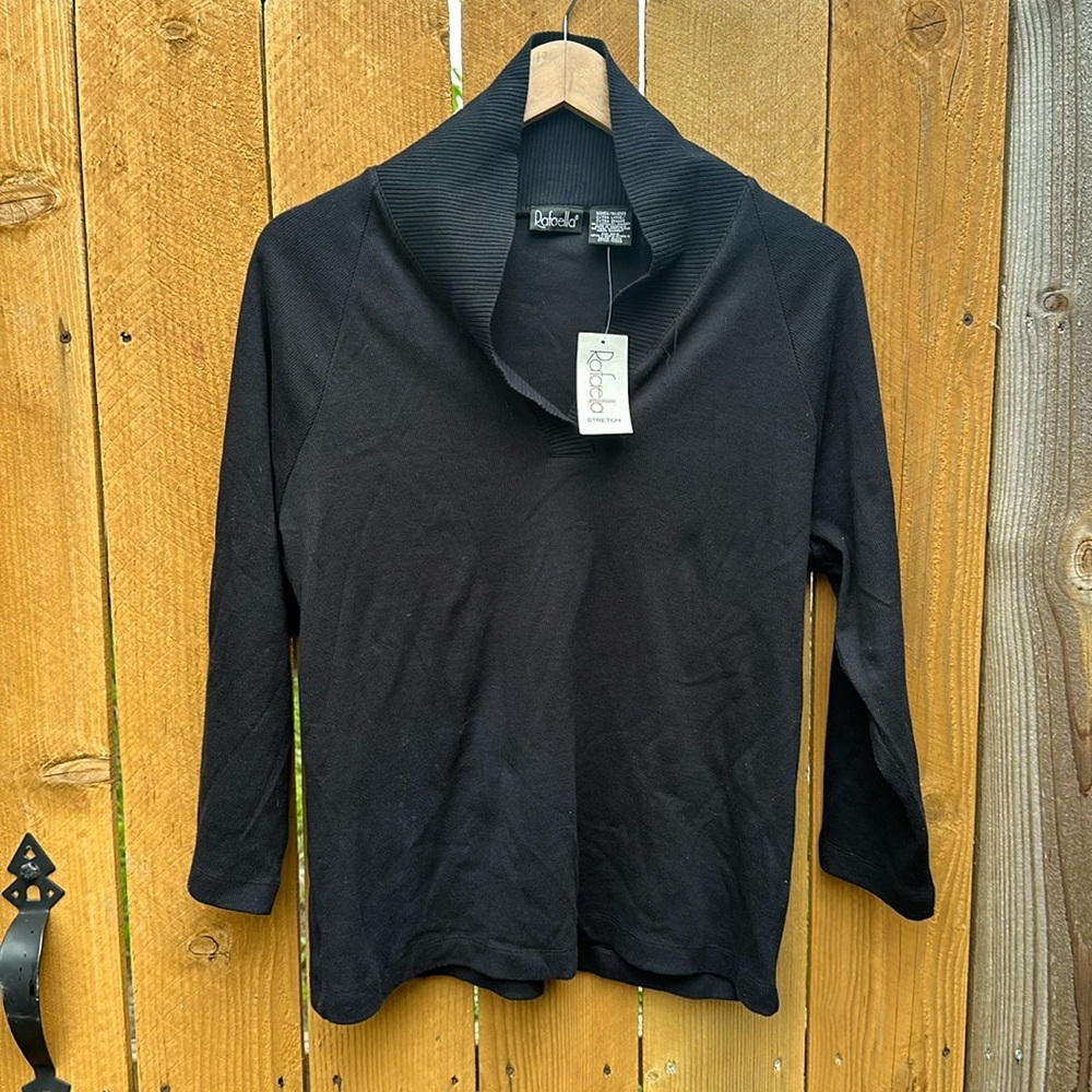 NWT Rafaella Black Mock Collar V-Neck 3-4 Top XL